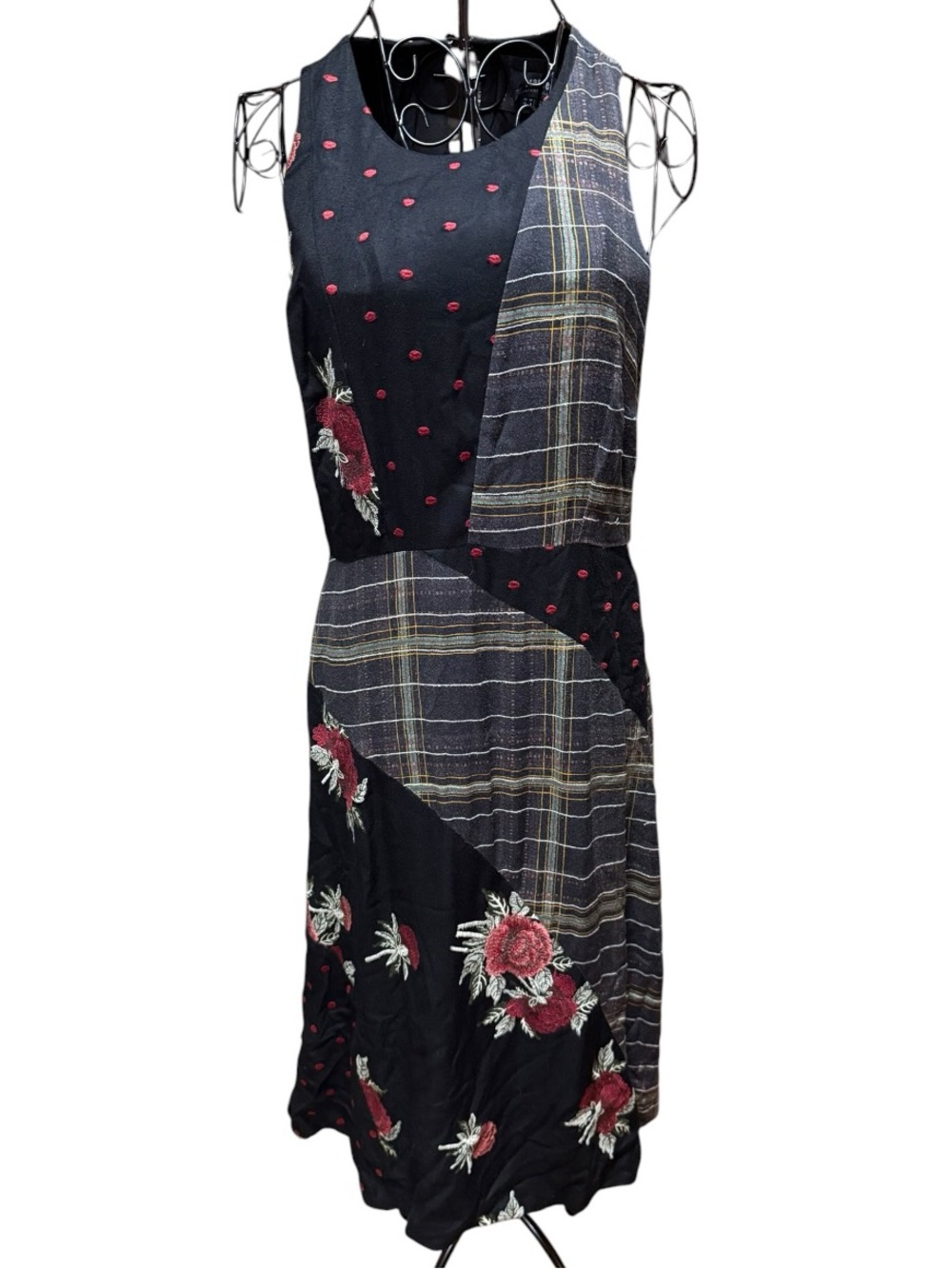 Anthropologie Maeve Black Patchwork Dress with Pink Floral Embroidery